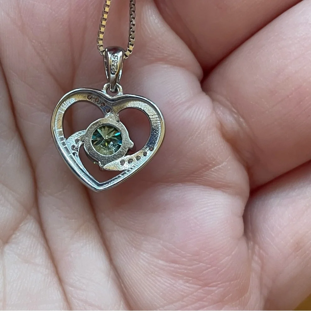 1ct Blue Green Round Cut Moissanite Diamond Heart Silver Necklace